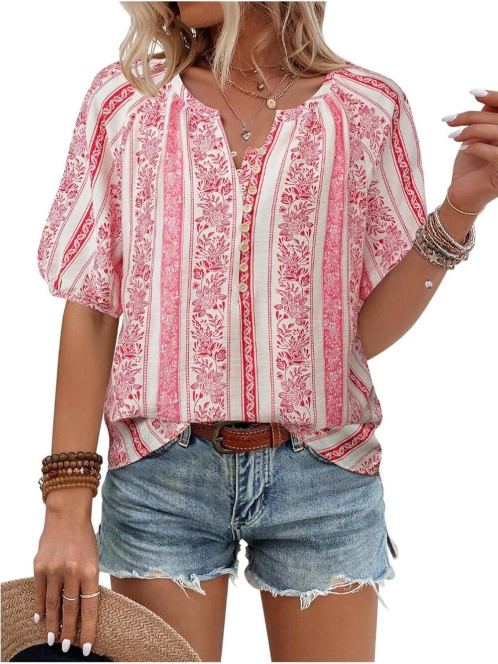 Women's Shirt Red Summer Tops V Neck Short Sleeve Blouses Casual Button Down